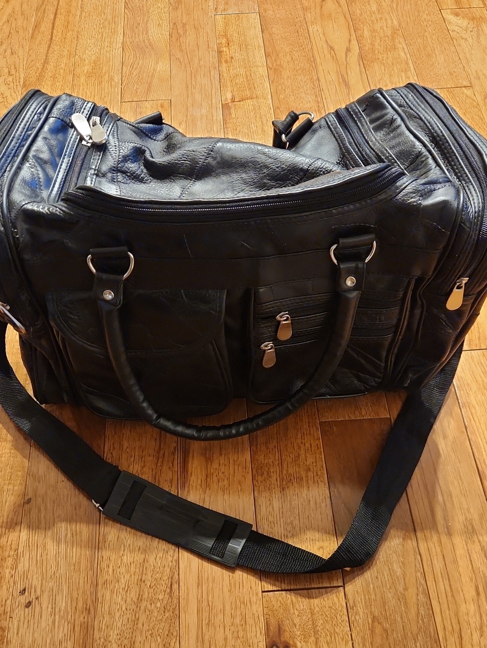 Men's Black Leather Patchwork Duffel Bag with Shoulder Strap